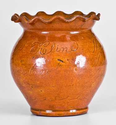 Important George Kline, Harrisonburg, Virginia, 1826 Redware Sugar Bowl