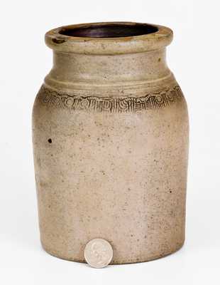 Rare Morgantown, WV Stoneware Canning Jar with Coggled Decoration