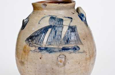 Stoneware Jar w/ Exceptional Incised Ship, probably Middlesex County, NJ