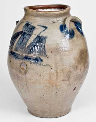 Stoneware Jar w/ Exceptional Incised Ship, probably Middlesex County, NJ