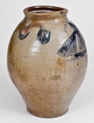 Stoneware Jar w/ Exceptional Incised Ship, probably Middlesex County, NJ