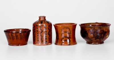 Lot of Four: Small-Sized Redware Vessels with Manganese Decoration