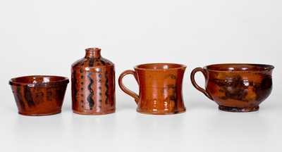 Lot of Four: Small-Sized Redware Vessels with Manganese Decoration