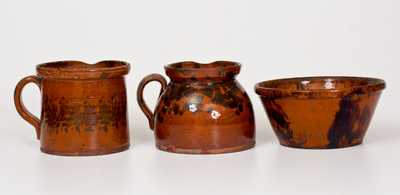 Lot of Three: Manganese-Decorated American Redware incl. Batter Pitchers and Bowl