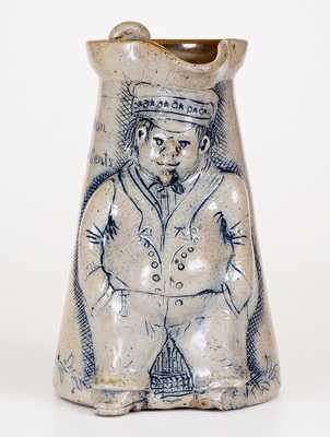 Stoneware Pitcher with Hand-Modeled Figure of a Railroad Conductor, Inscribed Uncle Dan / full on ten Cents, Signed Anna Pottery / Anna Ills / 1884