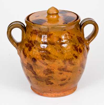 Pennsylvania Redware Lidded Jar with Open Handles and Manganese Decoration