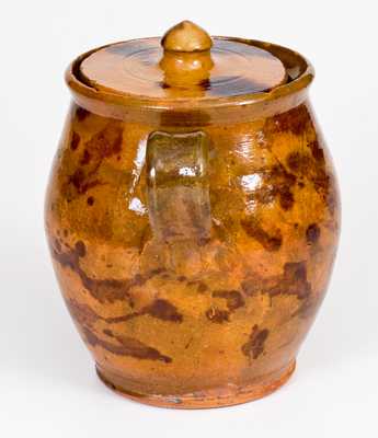 Pennsylvania Redware Lidded Jar with Open Handles and Manganese Decoration