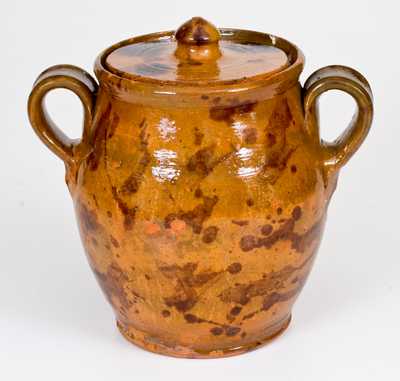 Pennsylvania Redware Lidded Jar with Open Handles and Manganese Decoration