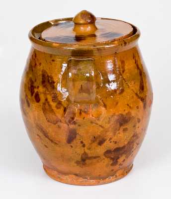 Pennsylvania Redware Lidded Jar with Open Handles and Manganese Decoration