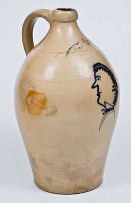 N. CLARK & CO. / LYONS, NY Stoneware Jug w/ Elaborate Man s Head Decoration