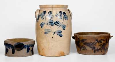 Lot of Three: Baltimore Stoneware Jar, Milkpan, and Spittoon