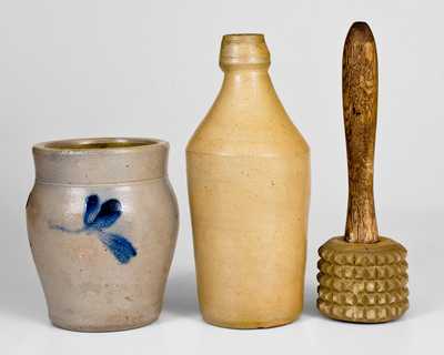 Lot of Three: 1/4 Gal. Remmey Stoneware Jar, Stoneware Meat Tenderizer, Bottle
