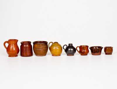 Lot of Eight: Miniature Redware Jars, Jugs, and Pans