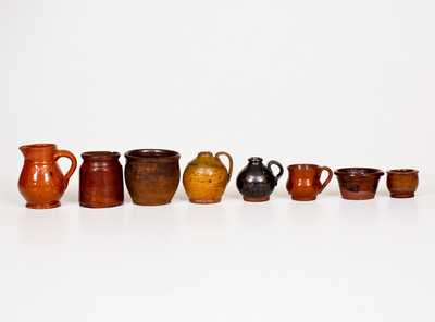 Lot of Eight: Miniature Redware Jars, Jugs, and Pans