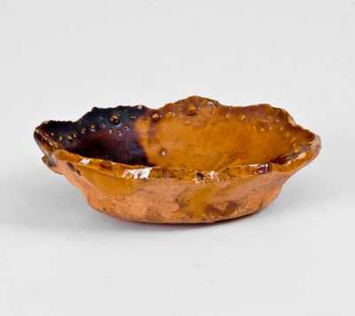 Unusual Miniature Redware Butter Print with Relief Dog Decoration