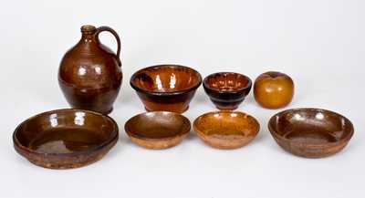 Lot of Eight: Assorted Redware Articles incl. Apple Bank, Jug, Bowl, Mold, and Dishes