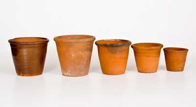 Lot of Five: Redware Flowerpots, Singer Pottery, Haycock Twp, Bucks County, PA