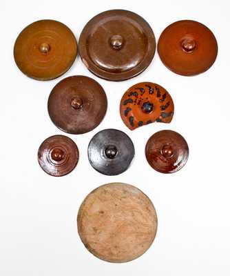 Lot of Nine: 8 Redware Lids and 1 Wooden Plate Mold, Singer, Haycock Township, PA