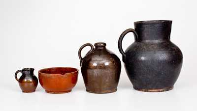 Lot of Four: Glazed Redware Tables Vessels, Singer Pottery, Haycock Township, PA