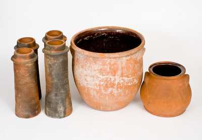 Lot of Six: 2 Redware Jars and 4 Redware Pipes, Singer Pottery, Haycock Township, PA