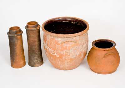 Lot of Six: 2 Redware Jars and 4 Redware Pipes, Singer Pottery, Haycock Township, PA