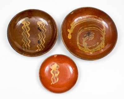 Lot of Three: Decorated Redware Plates, Singer Pottery, Haycock Twp, Bucks County, PA