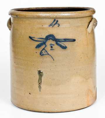 Rare Four-Gallon Ohio Stoneware Crock with Cobalt Cow's Head Design