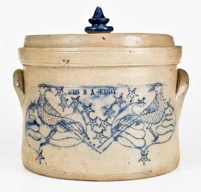 Elaborate Stoneware Presentation Butter Crock w/ Incised Birds att. Somerset Potters Works, Mass.