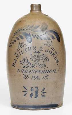 3 Gal. HAMILTON & JONES / GREENSBORO, PA Stoneware Jug w/ Stenciled Bird