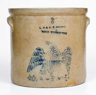 3 Gal. L. C. & C. F. BROWN / COLCHESTER, CONN. Stoneware Stenciled Eagle Crock