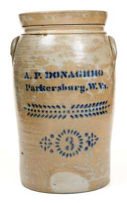 3 Gal. A. P. DONAGHHO / Parkersburg, W. VA Stoneware Churn w/ Stenciled Decoration