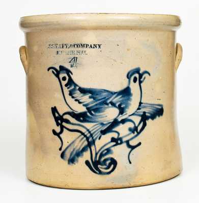 Fine J. S. TAFT & COMPANY / KEENE, NH 4 Gal. Stoneware Crock w/ Double-Bird Design