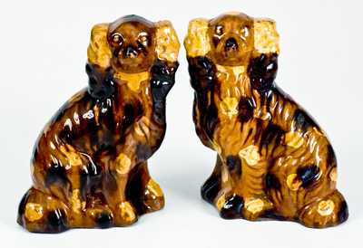 Fine Pair of Redware Spaniels with Yellow and Brown Splotches