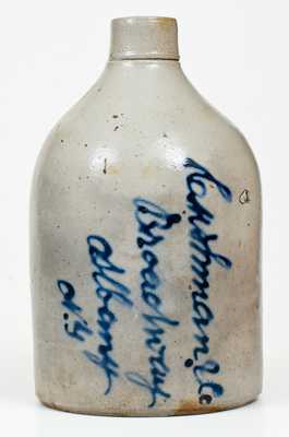 Unusual Cushman & Co. / Broadway / Albany, NY Stoneware Script Advertising Jug