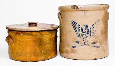 Lot of Three, Including Rare E. D. STOW & CO. / PHILADELPHIA Stoneware Lid and Eagle Crock