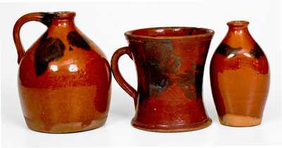 Lot of Three: New England Redware Jug, Mug, and Flask with Manganese Splotches