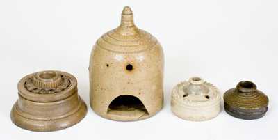 Lot of Four: Rare Stoneware Birdhouse and 3 Ornate Stoneware Inkwells