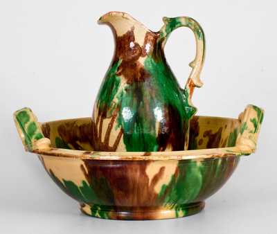 Shenandoah Valley Multi-Glazed Redware Pitcher and Bowl Set, attributed to J. Eberly & Co., Strasburg, VA