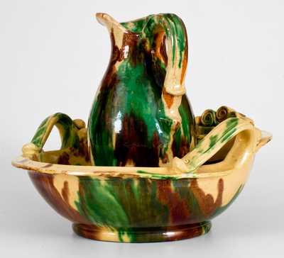 Shenandoah Valley Multi-Glazed Redware Pitcher and Bowl Set, att. J. Eberly, Strasburg