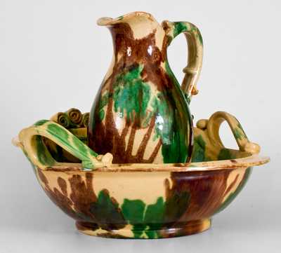Shenandoah Valley Multi-Glazed Redware Pitcher and Bowl Set, att. J. Eberly, Strasburg