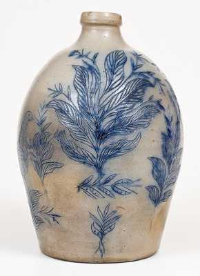 New York State Stoneware Jug with Profuse Incised Bird, Foliate, and Floral Decoration