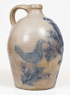 Exceptional New York Stoneware Jug w/ Elaborate Incised Bird and Floral Decoration