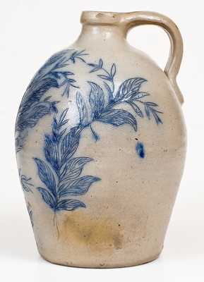 Exceptional New York Stoneware Jug w/ Elaborate Incised Bird and Floral Decoration