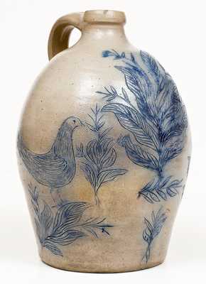 Exceptional New York Stoneware Jug w/ Elaborate Incised Bird and Floral Decoration
