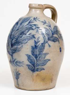 Exceptional New York Stoneware Jug w/ Elaborate Incised Bird and Floral Decoration