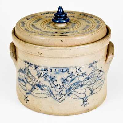 Elaborate Stoneware Presentation Butter Crock w/ Incised Birds att. Somerset Potters Works, Mass.