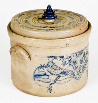 Elaborate Stoneware Presentation Butter Crock w/ Incised Birds att. Somerset Potters Works, Mass.