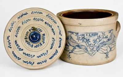 Elaborate Stoneware Presentation Butter Crock w/ Incised Birds att. Somerset Potters Works, Mass.