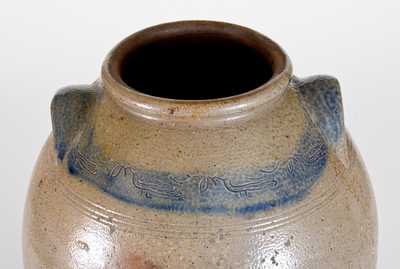 Early Philadelphia Stoneware Jar w/ Coggled Bird Decoration, Branch Green, c1810