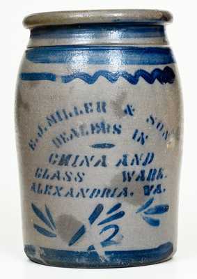 Fine 1 1/2 Gal. E. J. MILLER & SON / ALEXANDRIA, VA Western PA Stenciled Stoneware Jar